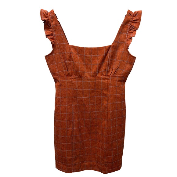 Orange Plaid Mini Dress Ruffle Sleeves Square Neck Women's - Picture 1 of 4